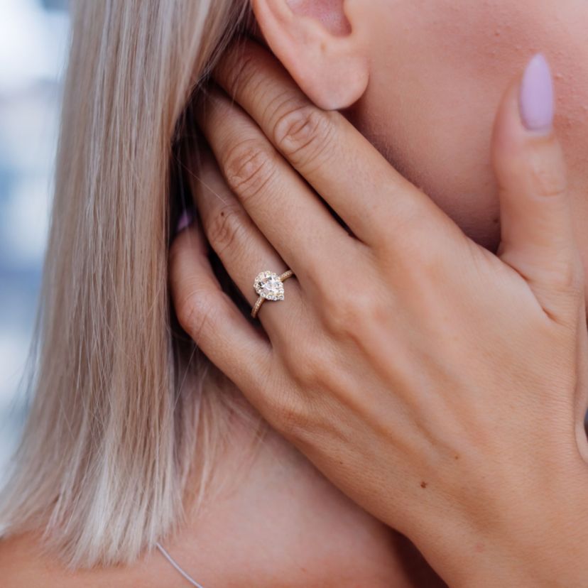 Lab Created Created White Sapphire Halo Teardrop Ring in Yellow Plated Sterling Silver