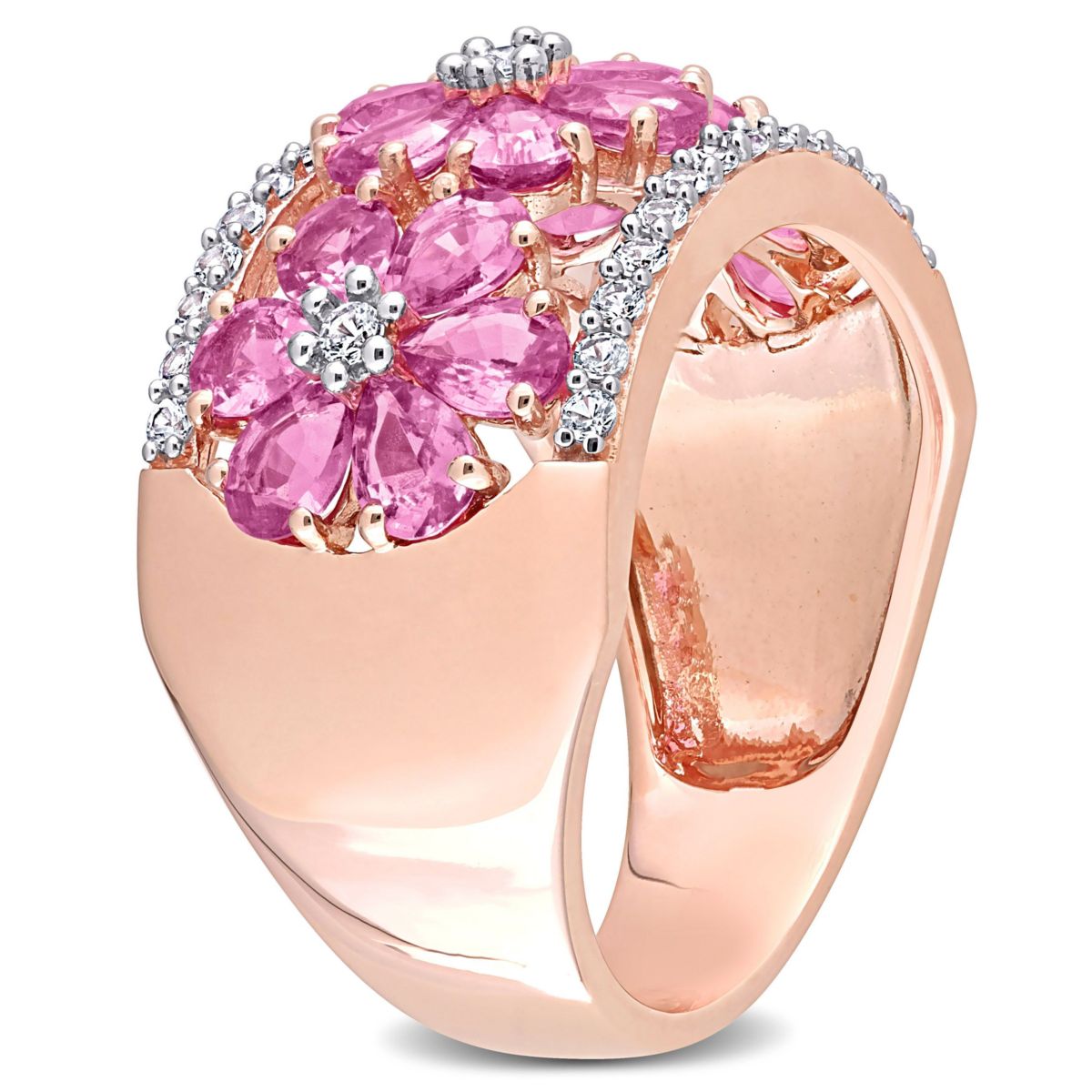 Pink and White Sapphire Floral Ring in 14k Rose Gold