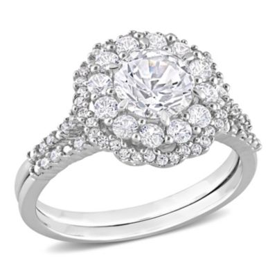 Belk & Co Lab Created White Sapphire and 1/10 CT TW Diamond Accent Double Halo Floral Design Bridal Ring Set in 10k White Gold, 9