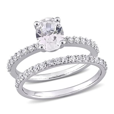Belk & Co Lab Created Oval Cut White Sapphire Engagement Ring and Matching Eternity Ring 2pc Set in 10K White Gold