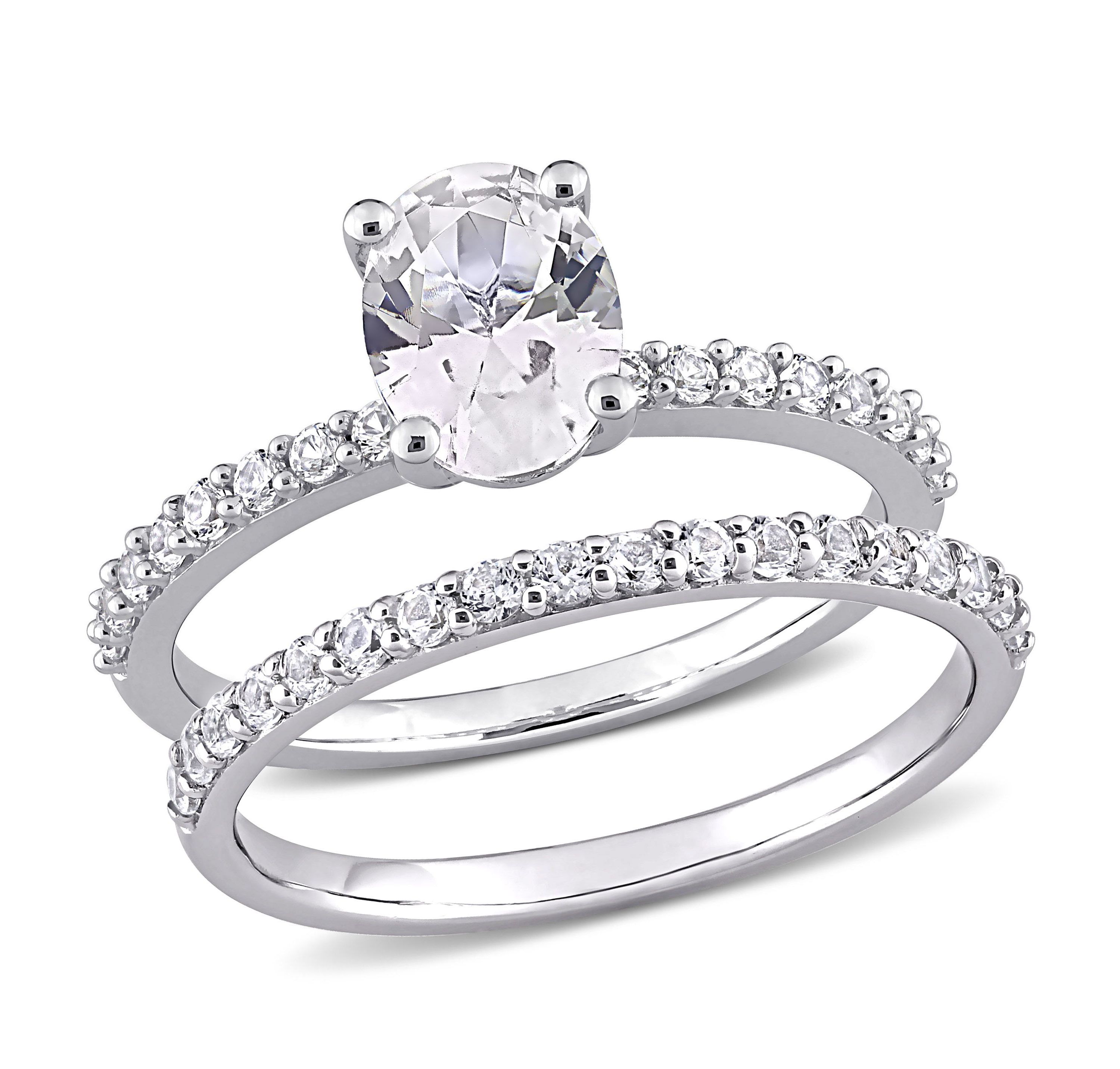 Lab Created Oval Cut Created White Sapphire Engagement Ring and Matching Eternity Ring 2pc Set in 10K White Gold