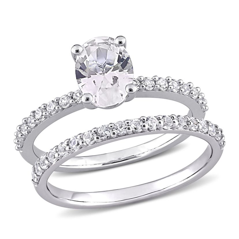 Lab Created Oval Cut Created White Sapphire Engagement Ring and Matching Eternity Ring 2pc Set in 10K White Gold