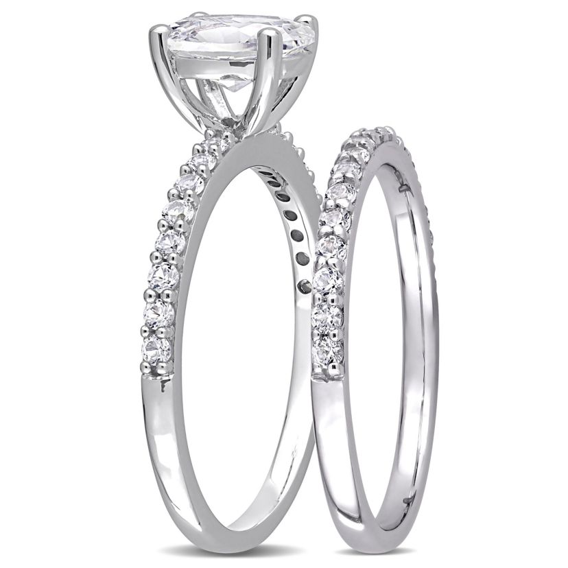Lab Created Oval Cut Created White Sapphire Engagement Ring and Matching Eternity Ring 2pc Set in 10K White Gold