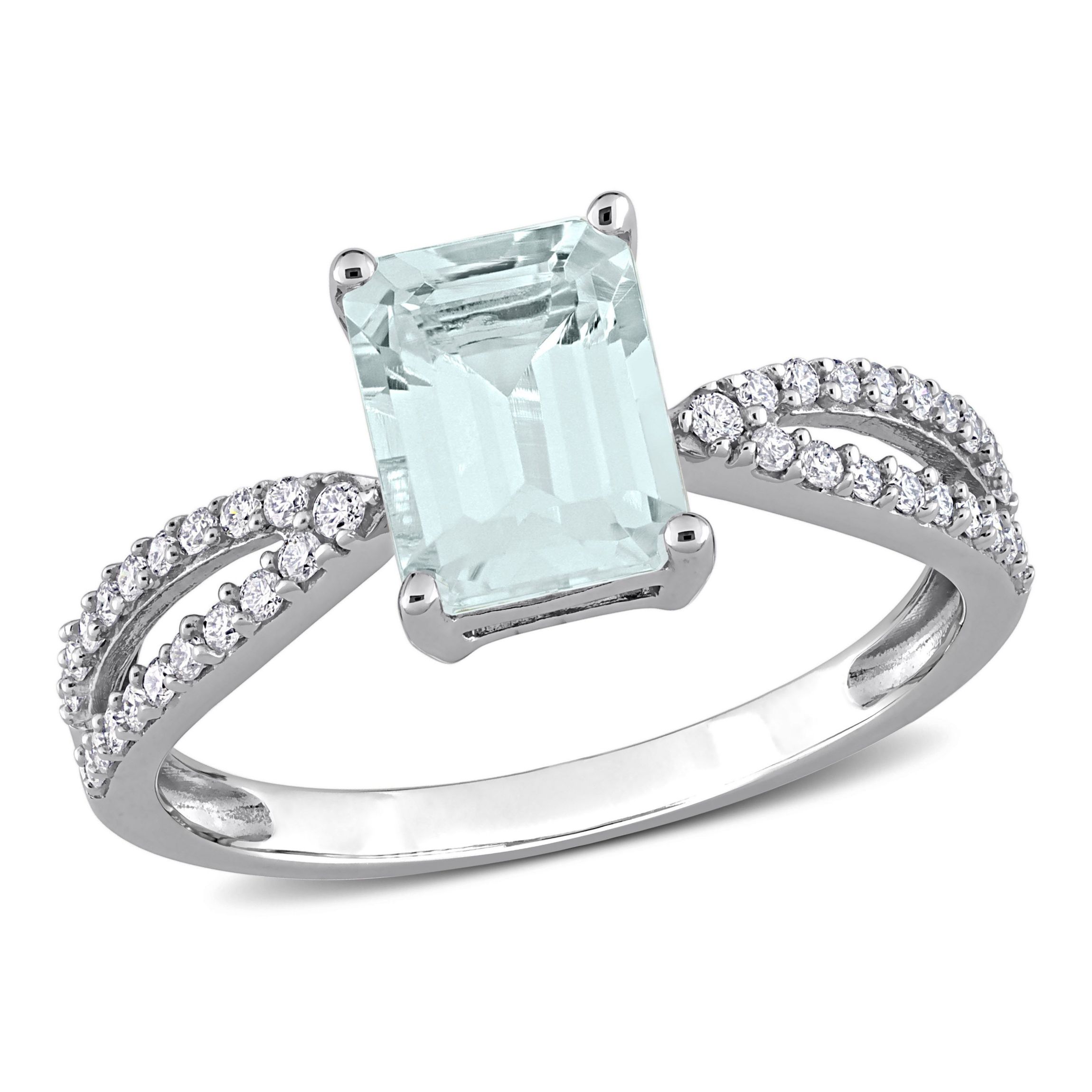 Octagon Aquamarine and 1/5 CT TW Diamond Crossover Ring in 14k White Gold