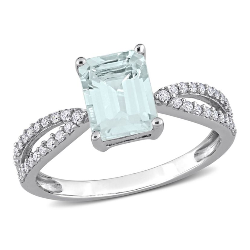 Octagon Aquamarine and 1/5 CT TW Diamond Crossover Ring in 14k White Gold