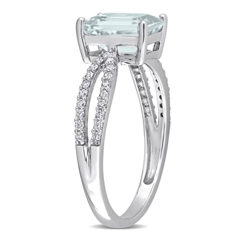 Octagon Aquamarine and 1/5 CT TW Diamond Crossover Ring in 14k White Gold