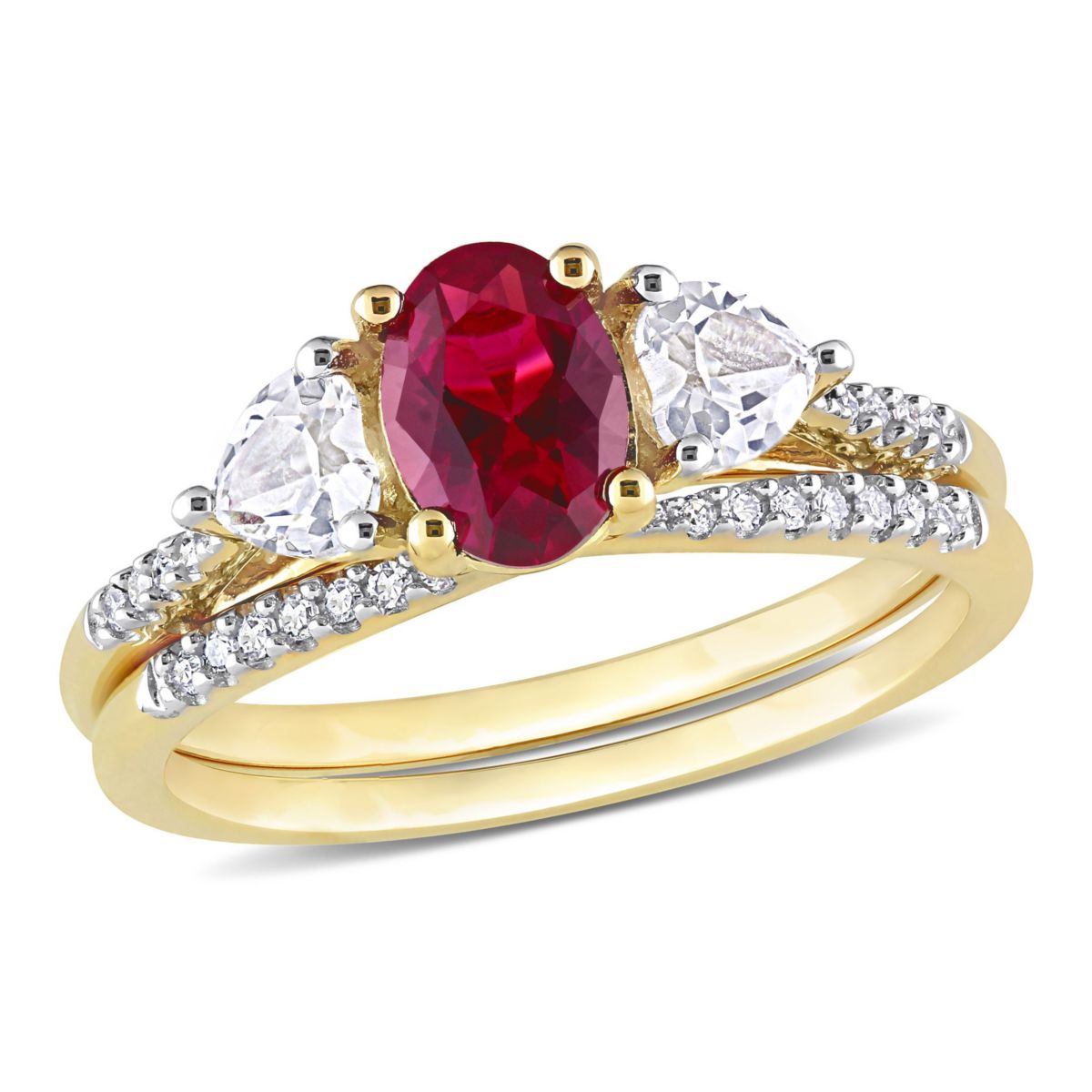 Lab Created Created Ruby Created White Sapphire and 1/10 CT TW Diamond Bridal Ring Set Ring in 10k Yellow Gold