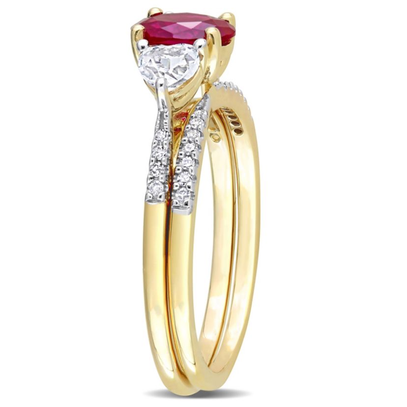 Lab Created Created Ruby Created White Sapphire and 1/10 CT TW Diamond Bridal Ring Set Ring in 10k Yellow Gold