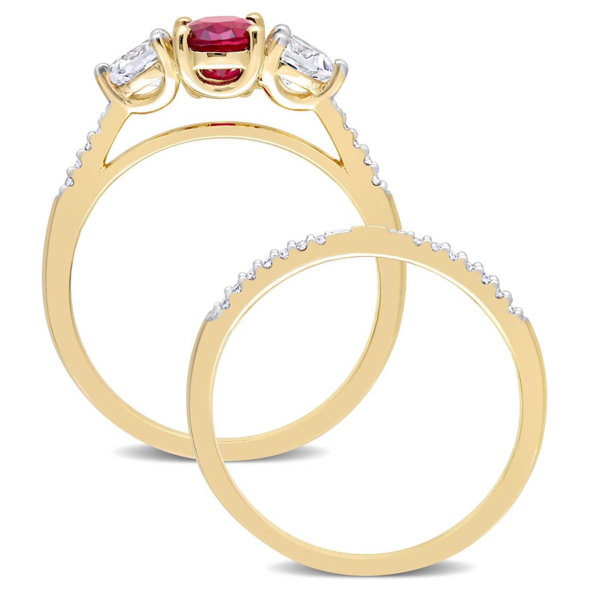 Lab Created Created Ruby Created White Sapphire and 1/10 CT TW Diamond Bridal Ring Set Ring in 10k Yellow Gold