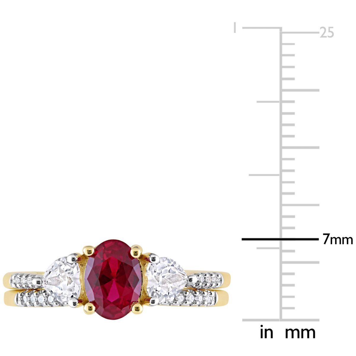 Lab Created Created Ruby Created White Sapphire and 1/10 CT TW Diamond Bridal Ring Set Ring in 10k Yellow Gold