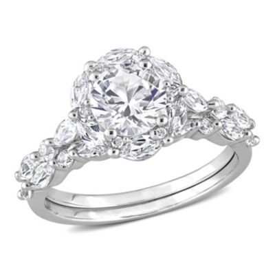 Belk & Co Lab Created White Sapphire and Diamond Accent Halo Floral Design Bridal Ring Set in 10k White Gold