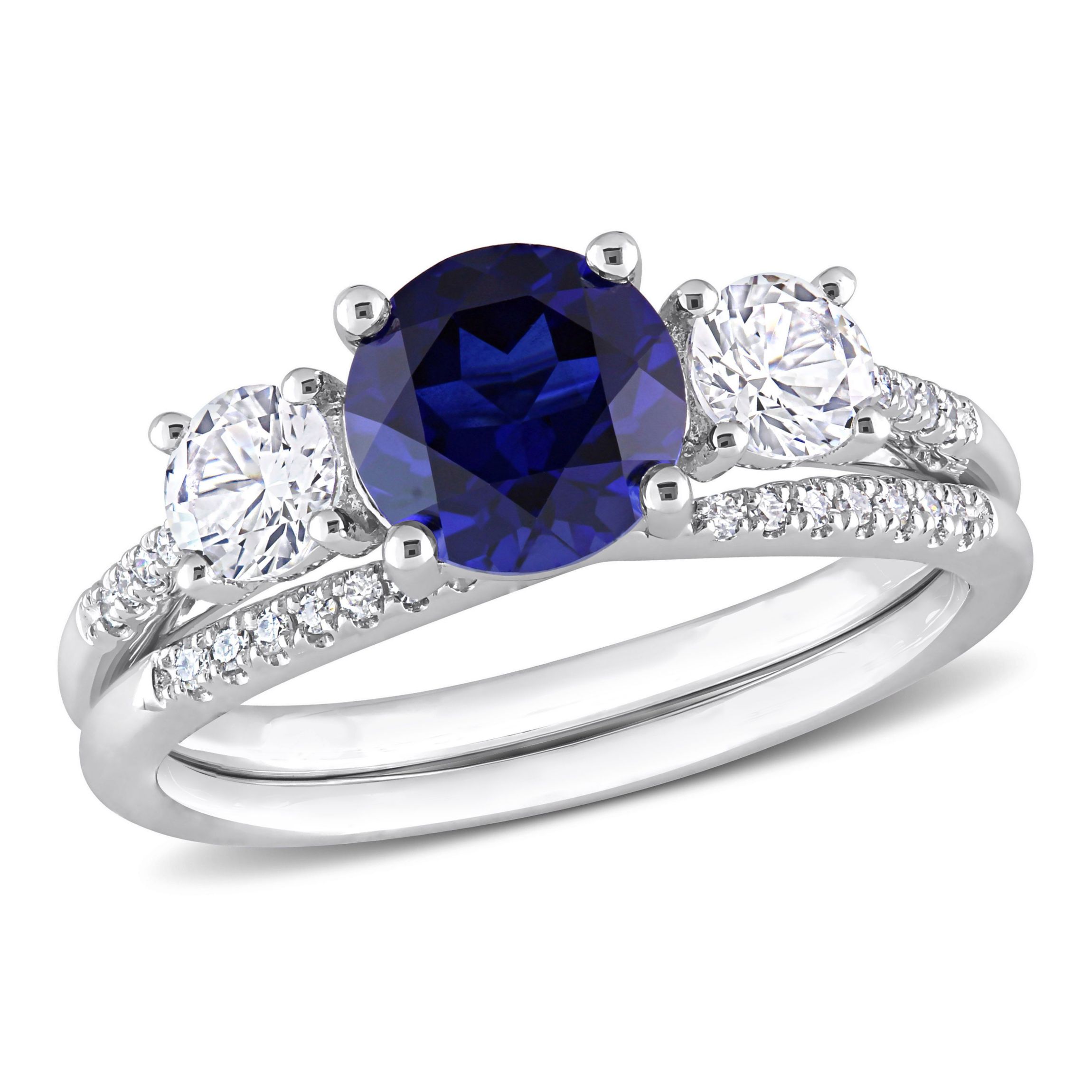 Lab Created Created Blue and Created White Sapphire and 1/10 CT TW Diamond Bridal Ring Set in 10k White Gold