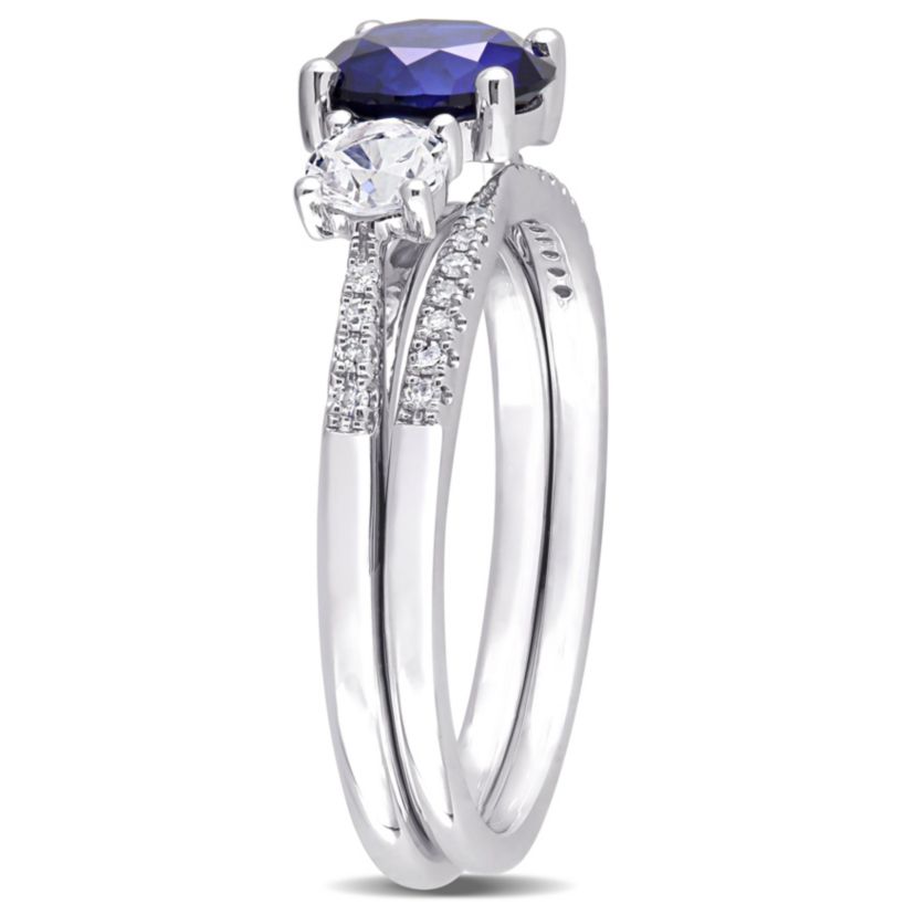 Lab Created Created Blue and Created White Sapphire and 1/10 CT TW Diamond Bridal Ring Set in 10k White Gold