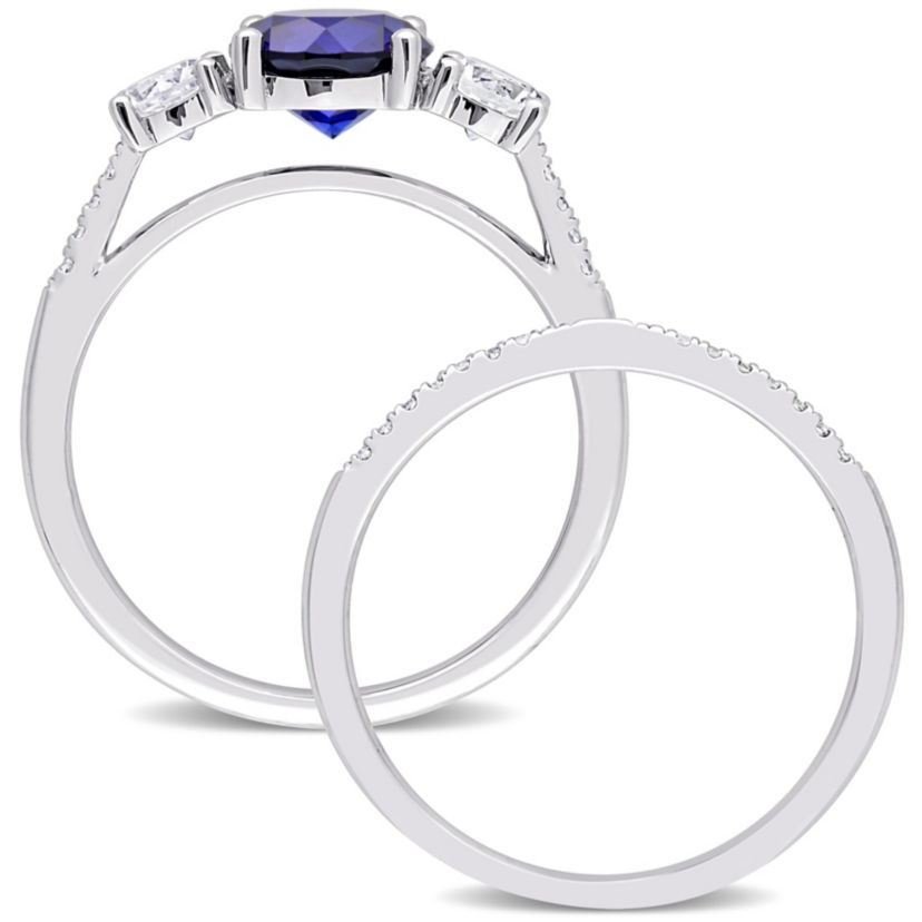 Lab Created Created Blue and Created White Sapphire and 1/10 CT TW Diamond Bridal Ring Set in 10k White Gold