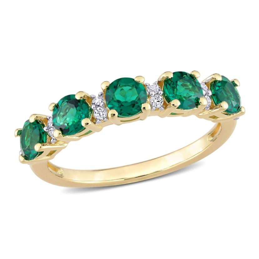Lab Created Created Emerald and Created White Sapphire Semi Eternity Ring in Yellow Gold Plated Sterling Silver
