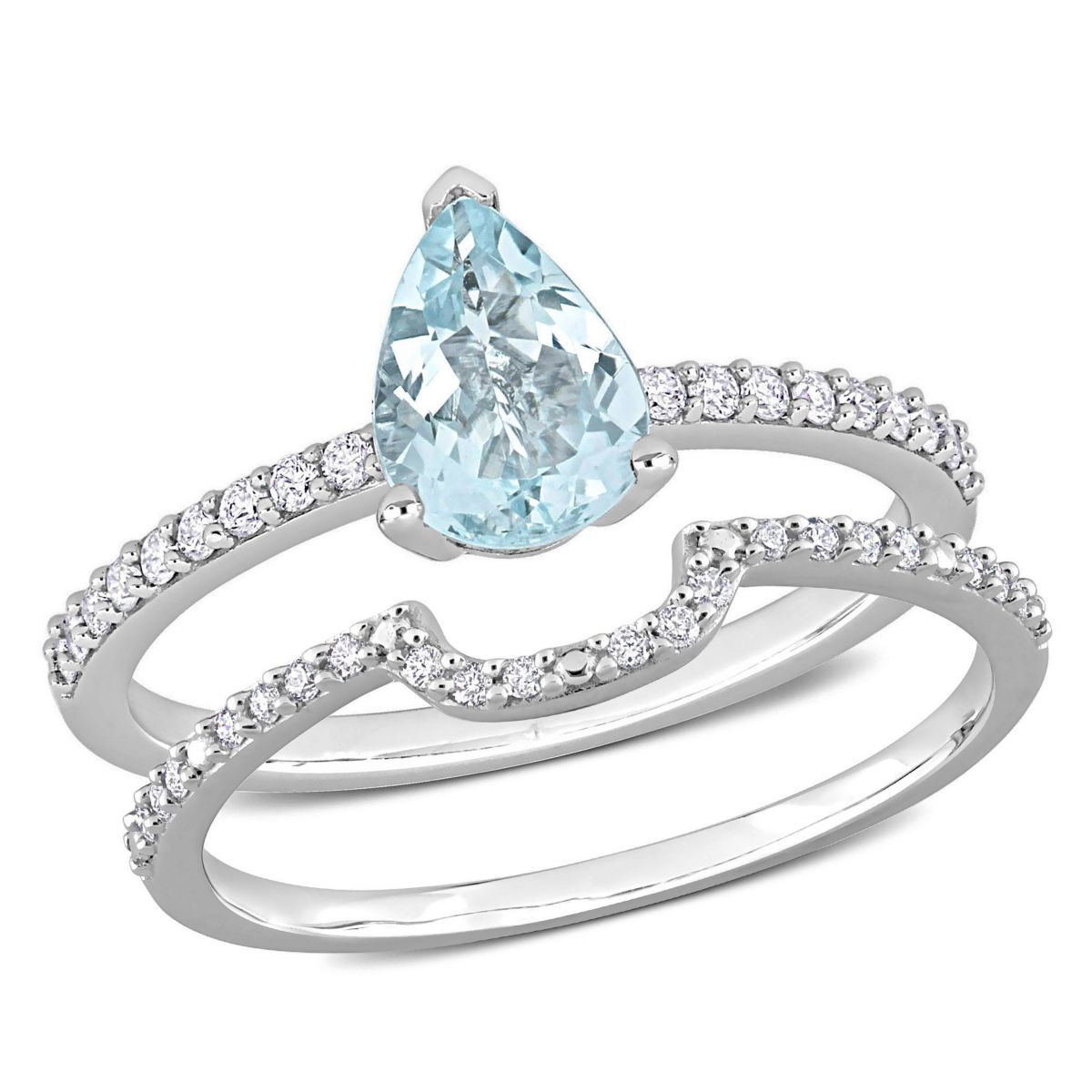 Pear Aquamarine and 1/4 CT TW Diamond Bridal Ring Set in 14k White Gold