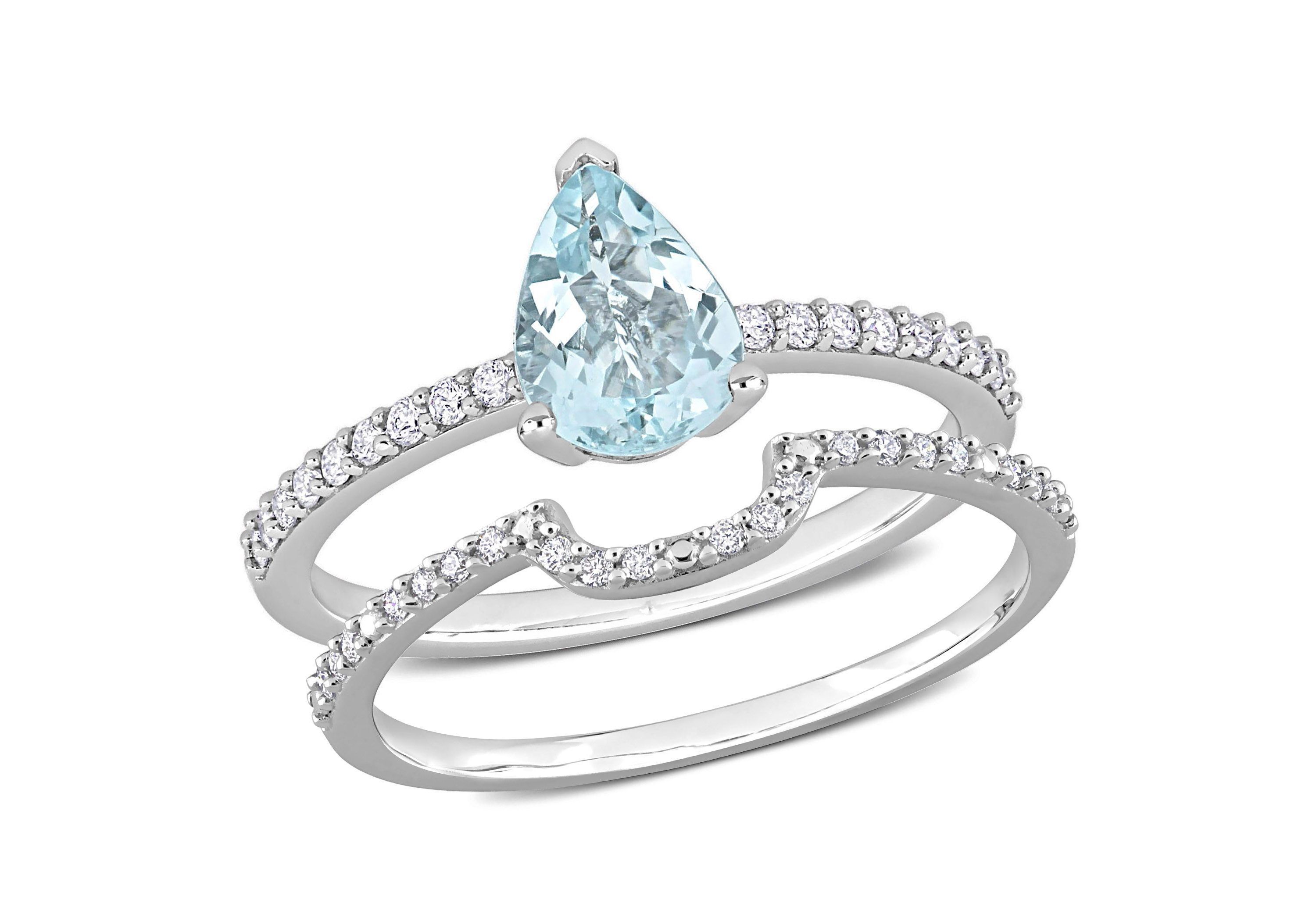 Pear Aquamarine and 1/4 CT TW Diamond Bridal Ring Set in 14k White Gold