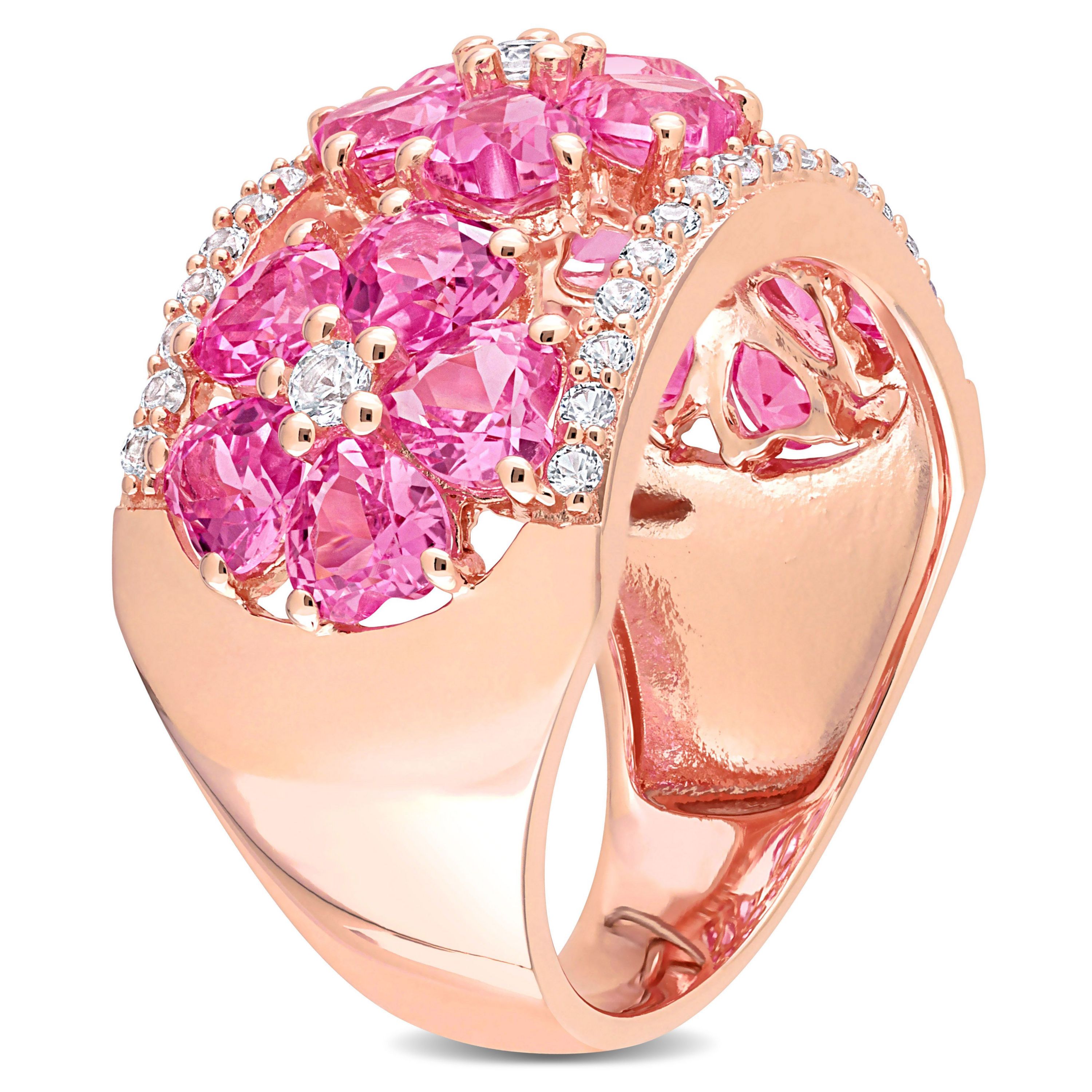 Lab Created Created Pink and White Sapphire Floral Ring in Rose Plated Sterling Silver