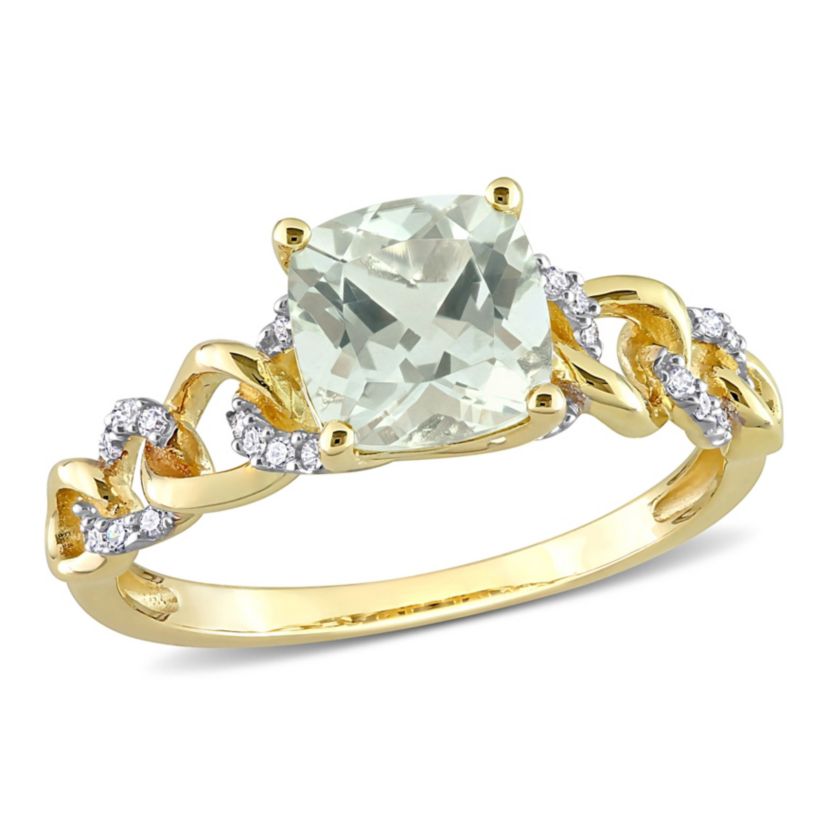 Cushion Green Quartz and 1/10 CT TW Diamond Link Ring in 10k Yellow Gold