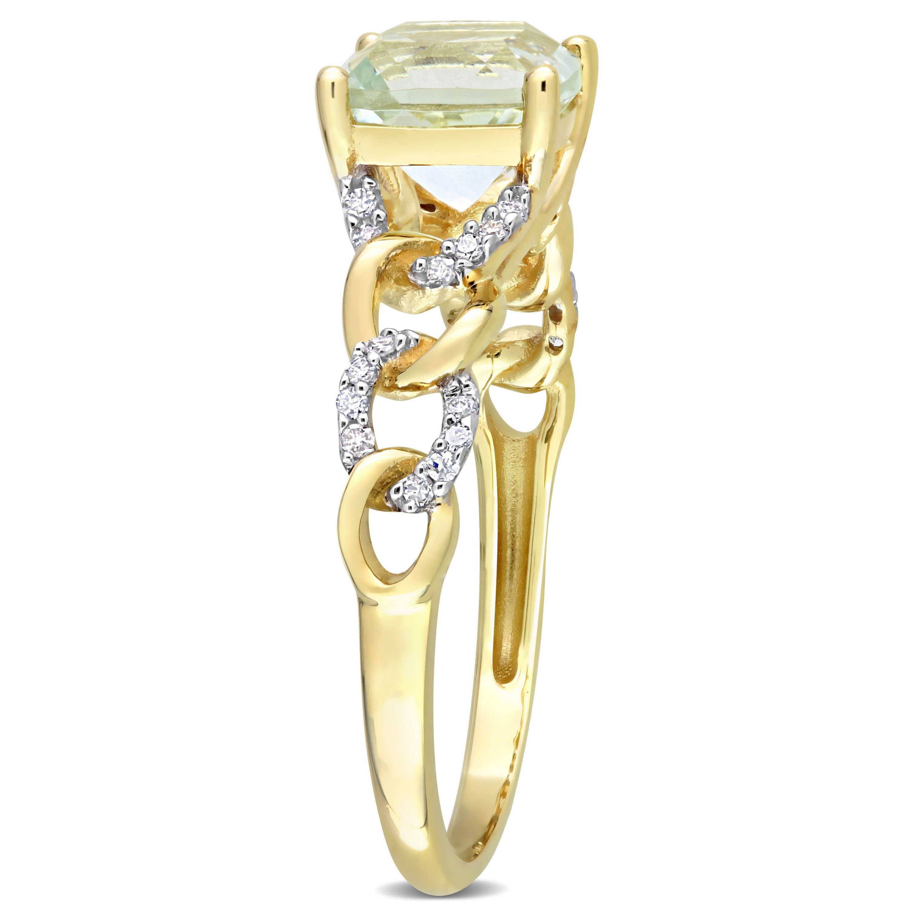 Cushion Green Quartz and 1/10 CT TW Diamond Link Ring in 10k Yellow Gold