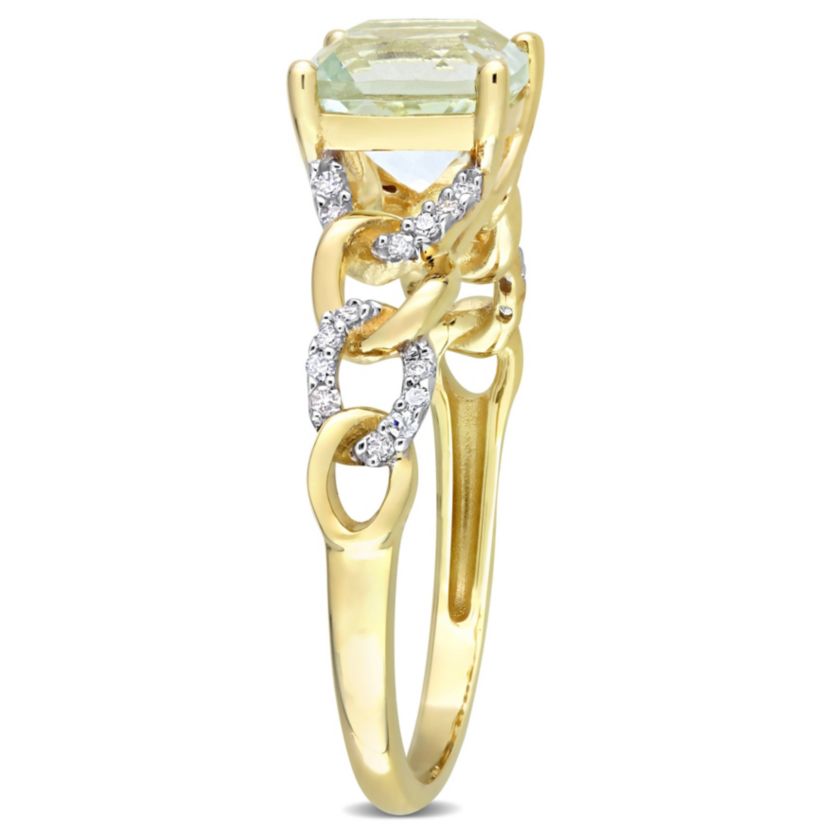 Cushion Green Quartz and 1/10 CT TW Diamond Link Ring in 10k Yellow Gold