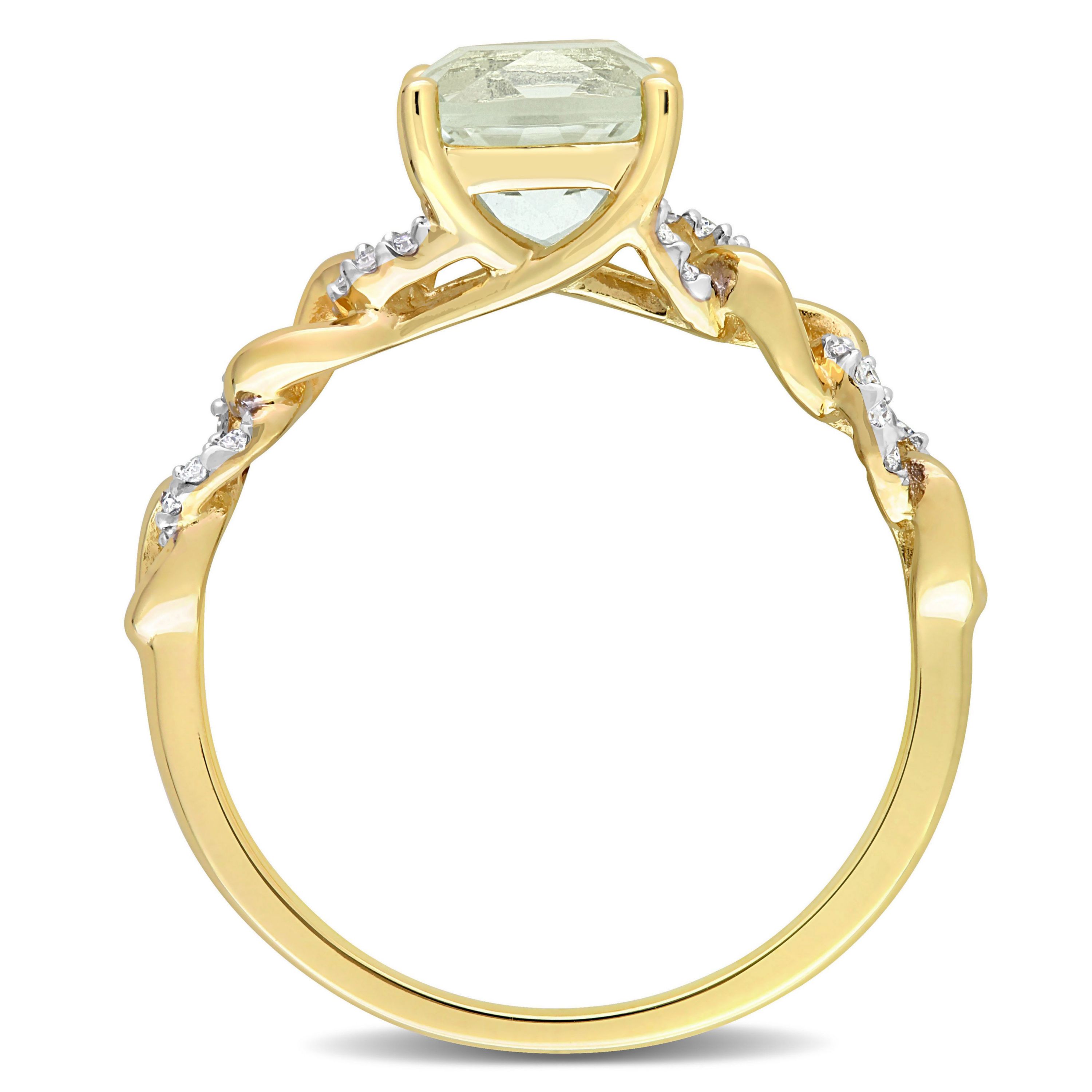 Cushion Green Quartz and 1/10 CT TW Diamond Link Ring in 10k Yellow Gold