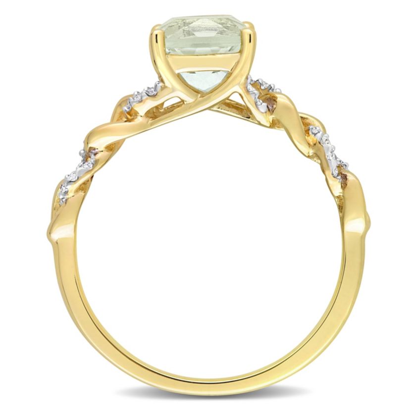 Cushion Green Quartz and 1/10 CT TW Diamond Link Ring in 10k Yellow Gold