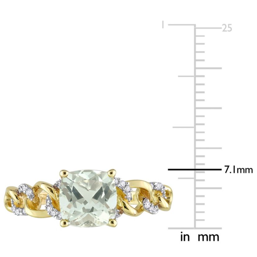 Cushion Green Quartz and 1/10 CT TW Diamond Link Ring in 10k Yellow Gold