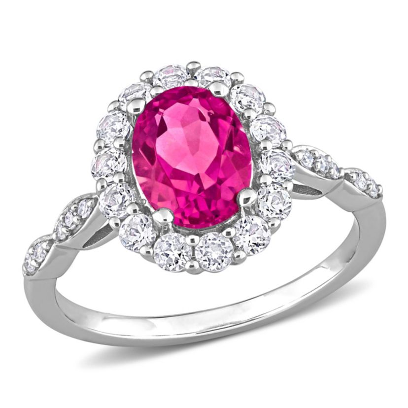 Oval Pink Topaz and Diamond Accent Halo Ring in 10k White Gold