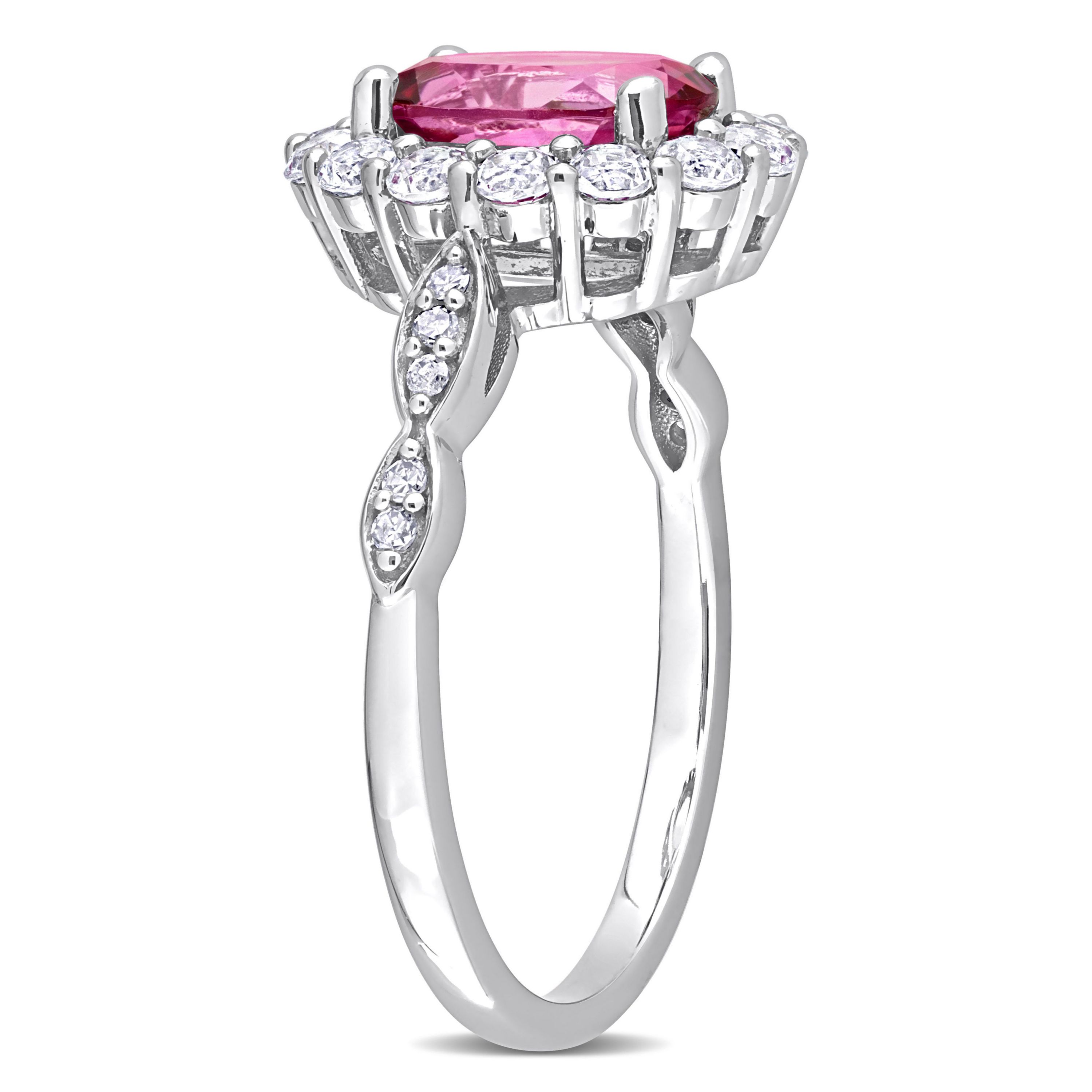 Oval Pink Topaz and Diamond Accent Halo Ring in 10k White Gold