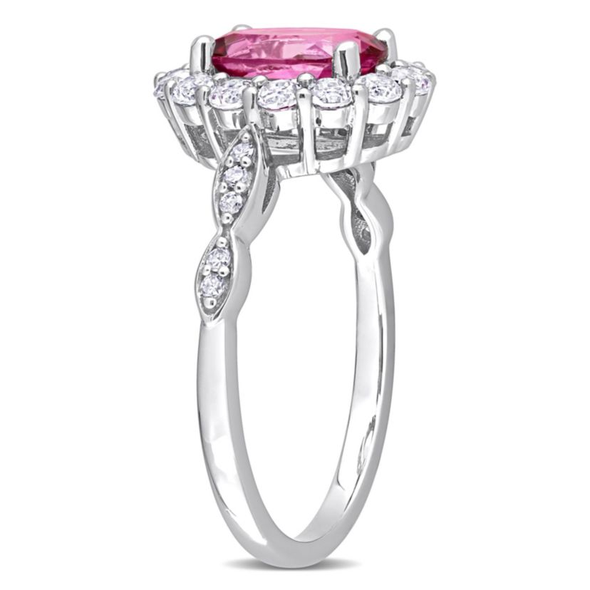 Oval Pink Topaz and Diamond Accent Halo Ring in 10k White Gold