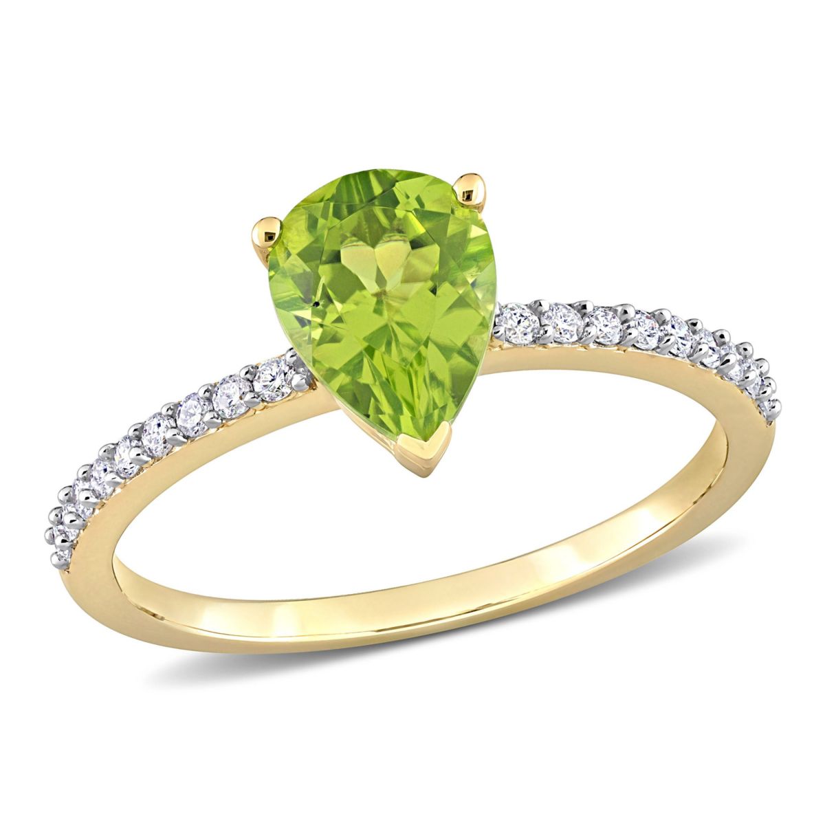 Pear Shape Peridot and 1/7 CT TW Diamond Ring in 14k Yellow Gold