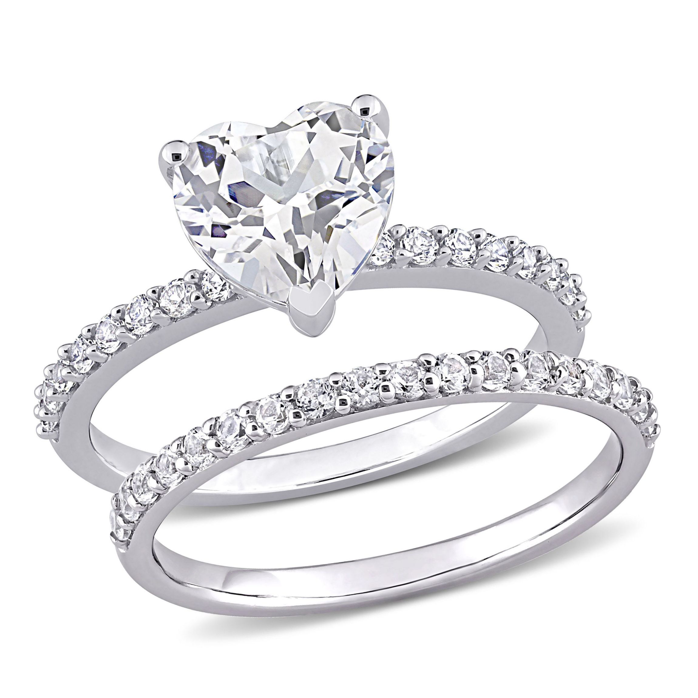 Lab Created Heart Cut Created White Sapphire Engagement Ring and Matching Eternity Ring 2pc Set in 10K White Gold