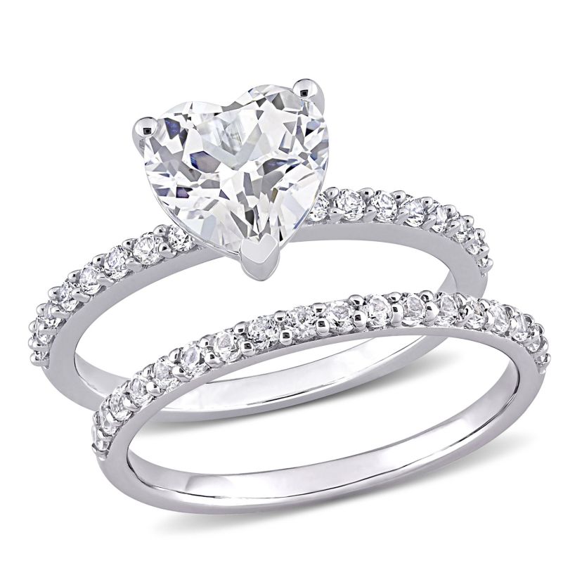 Lab Created Heart Cut Created White Sapphire Engagement Ring and Matching Eternity Ring 2pc Set in 10K White Gold