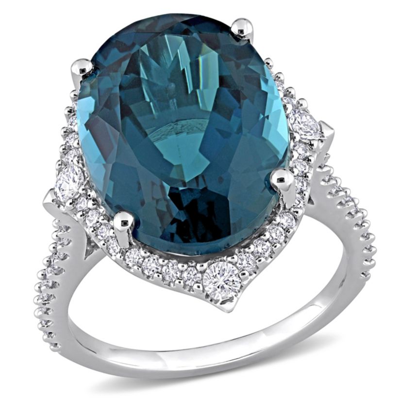 Oval London Blue Topaz White Sapphire and 3/8 CT TW Diamond Ring in 14k White Gold