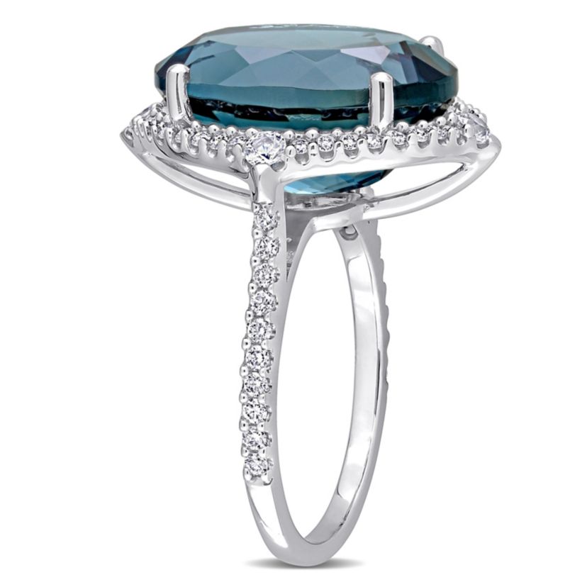 Oval London Blue Topaz White Sapphire and 3/8 CT TW Diamond Ring in 14k White Gold