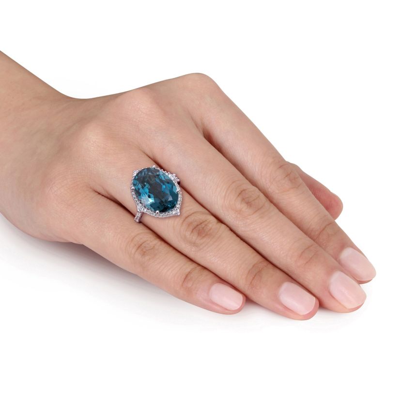 Oval London Blue Topaz White Sapphire and 3/8 CT TW Diamond Ring in 14k White Gold