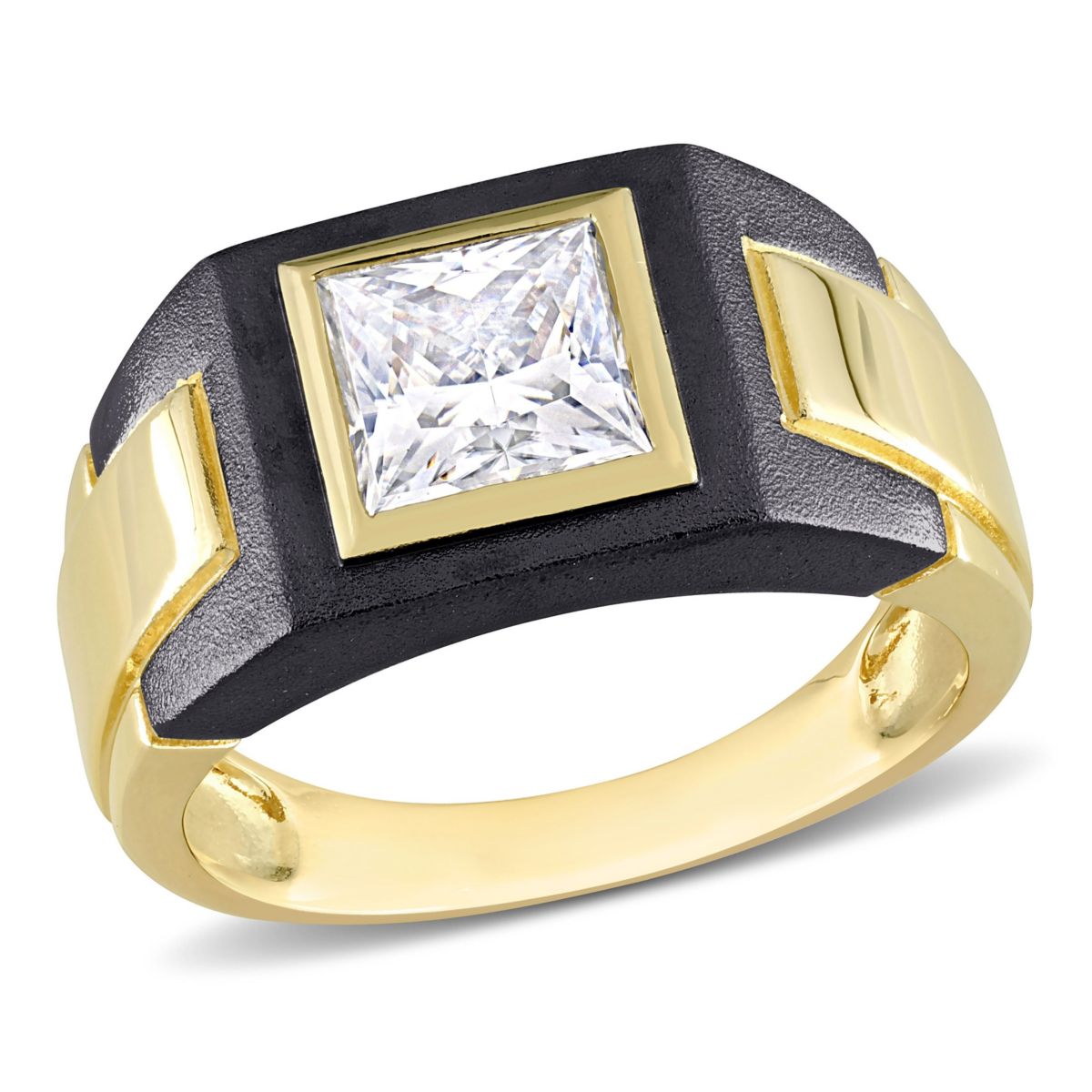 Lab Created 2 CT TW Moissanite Solitaire Mens Ring in 2-Tone Sterling Silver with Yellow Gold & Black Rhodium Plating