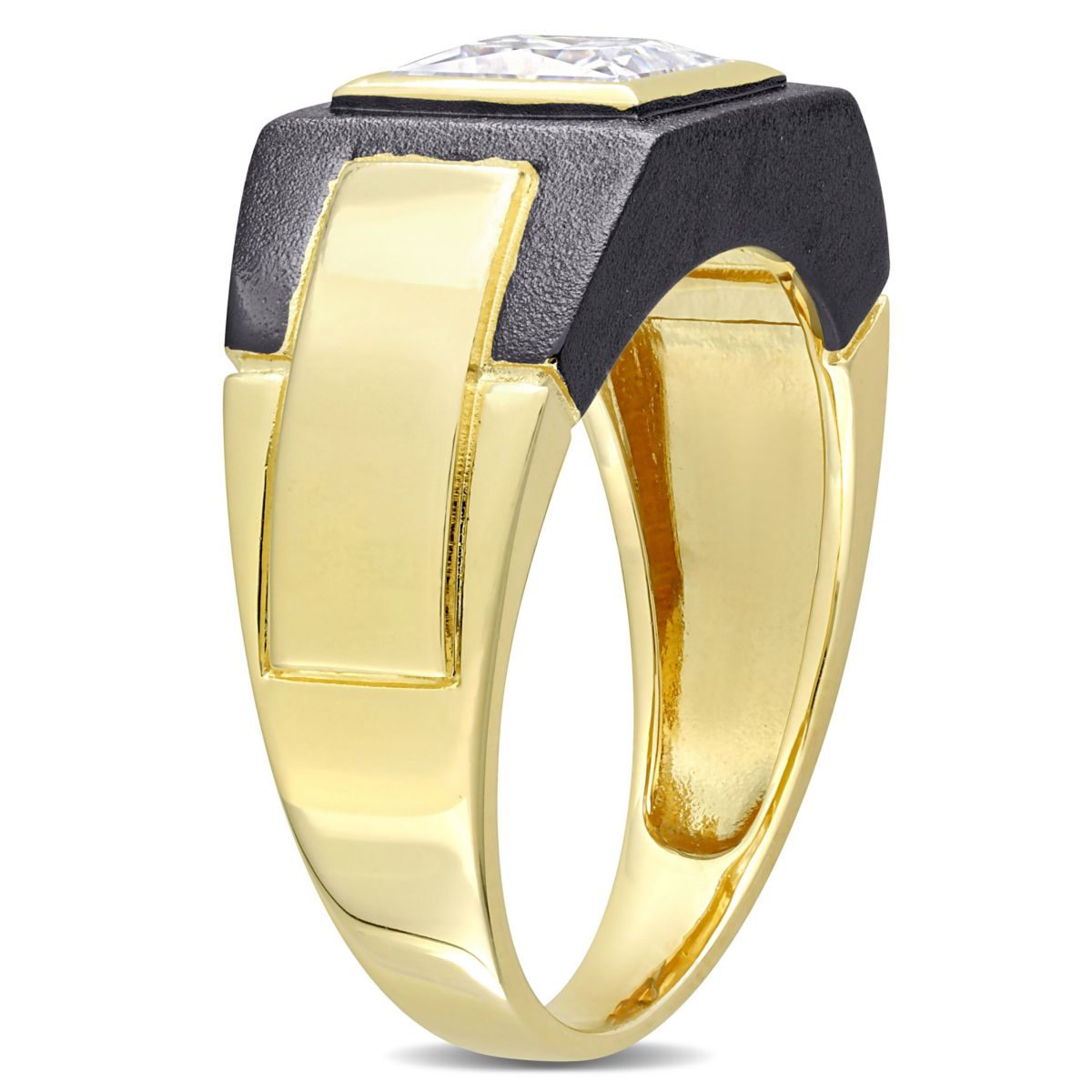 Lab Created 2 CT TW Moissanite Solitaire Mens Ring in 2-Tone Sterling Silver with Yellow Gold & Black Rhodium Plating