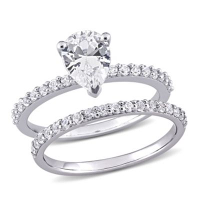 Lab Created Pear Cut White Sapphire Engagement Ring and Matching Eternity 2pc Set 10K Gold