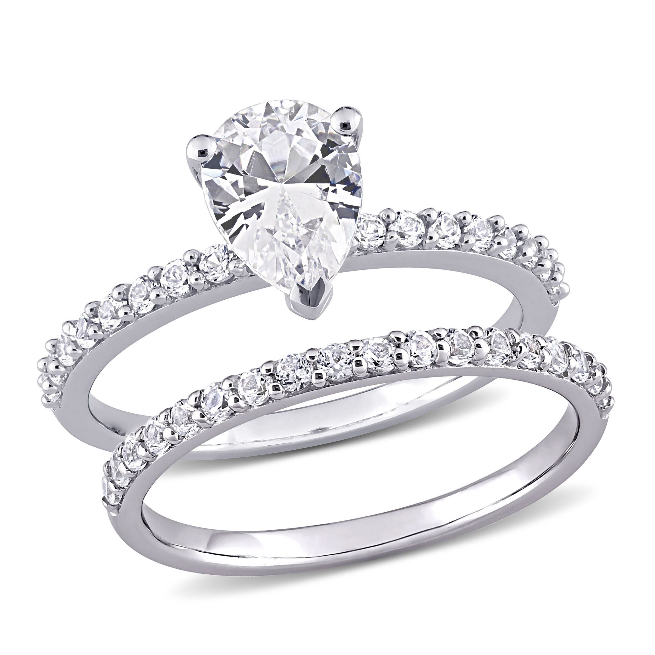 Lab Created Pear Cut Created White Sapphire Engagement Ring and Matching Eternity Ring 2pc Set in 10K White Gold