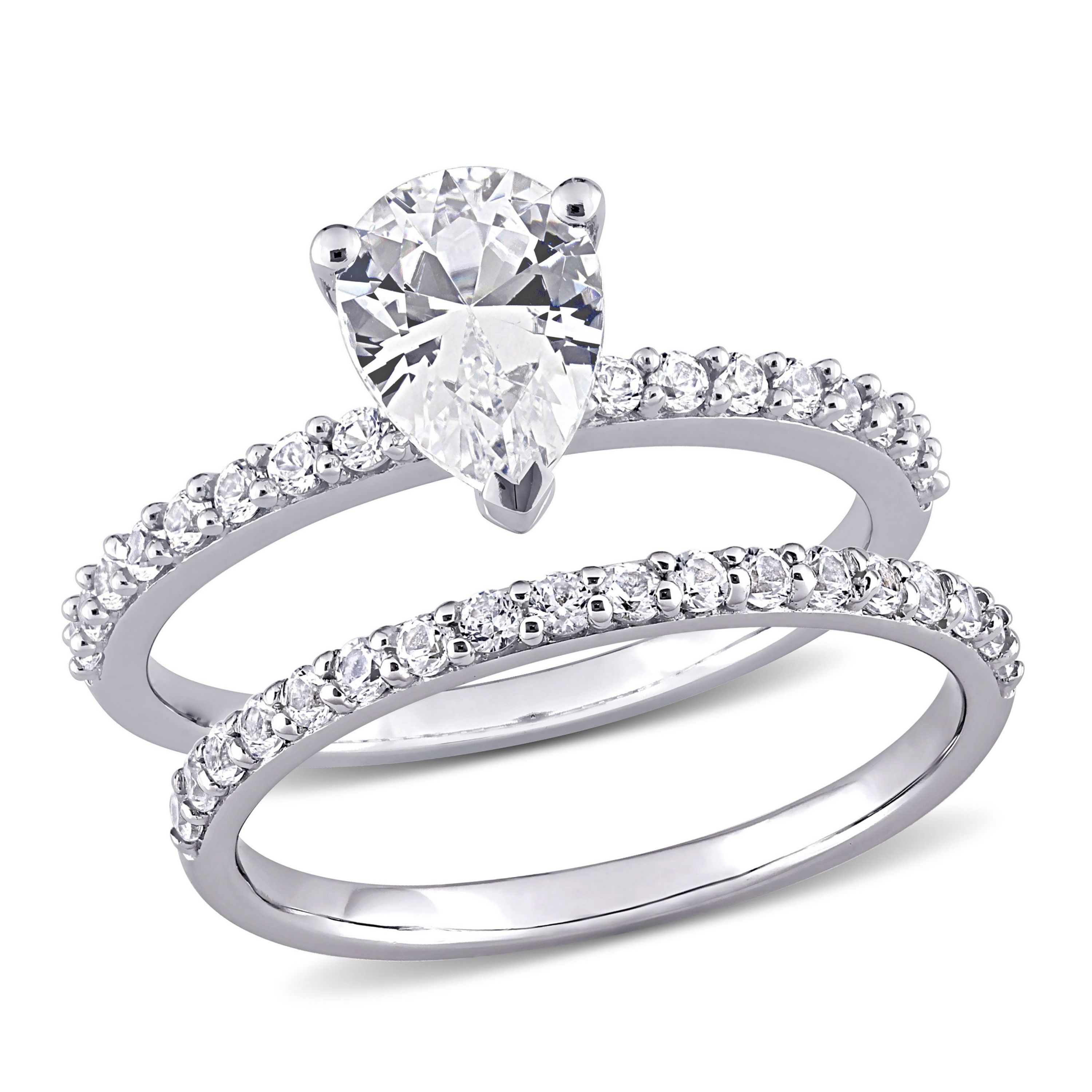 Lab Created Pear Cut Created White Sapphire Engagement Ring and Matching Eternity Ring 2pc Set in 10K White Gold