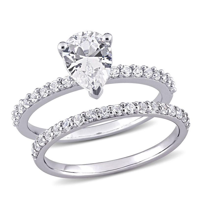 Lab Created Pear Cut Created White Sapphire Engagement Ring and Matching Eternity Ring 2pc Set in 10K White Gold