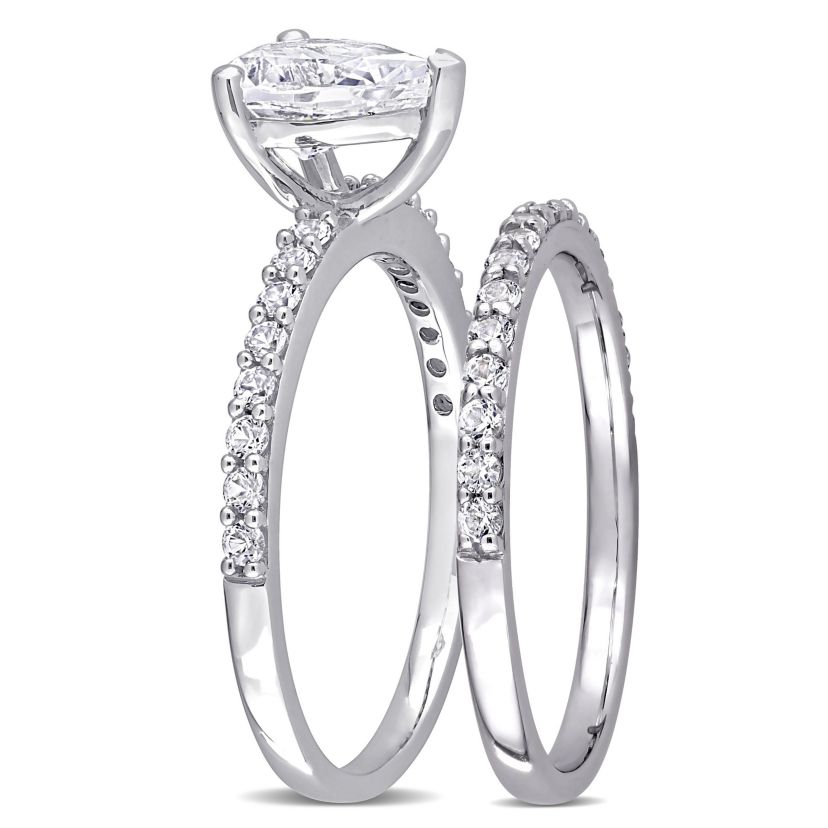 Lab Created Pear Cut Created White Sapphire Engagement Ring and Matching Eternity Ring 2pc Set in 10K White Gold