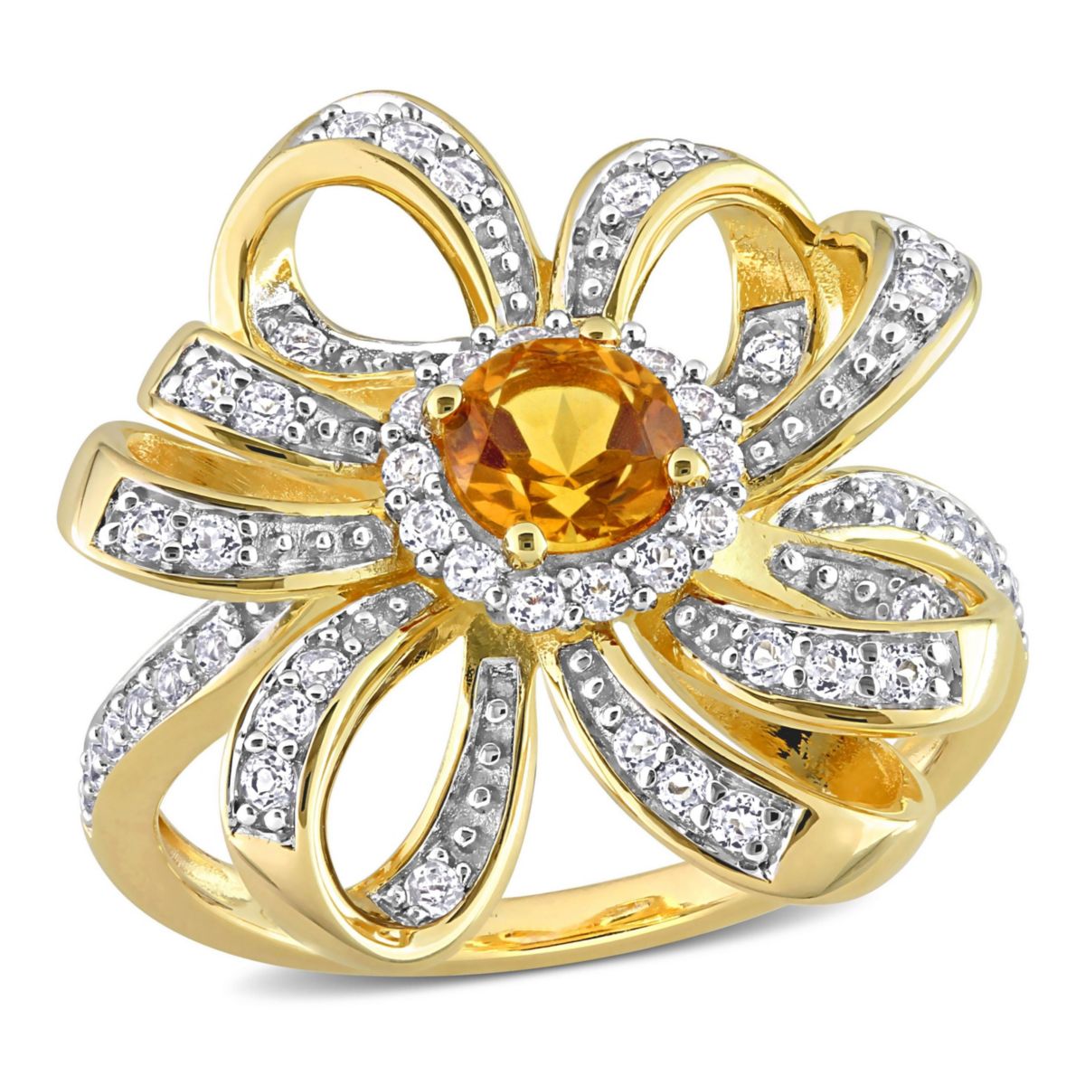 Madeira Citrine and White Topaz Flower Cocktail Ring in 18k Yellow Gold Plated Sterling Silver
