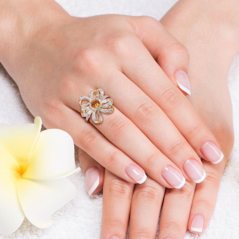 Madeira Citrine and White Topaz Flower Cocktail Ring in 18k Yellow Gold Plated Sterling Silver