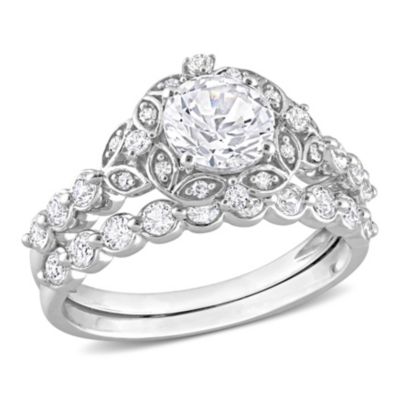 Belk & Co Lab Created Created White Sapphire and Diamond Accent Vintage Design Bridal Ring Set in 10k White Gold, 5
