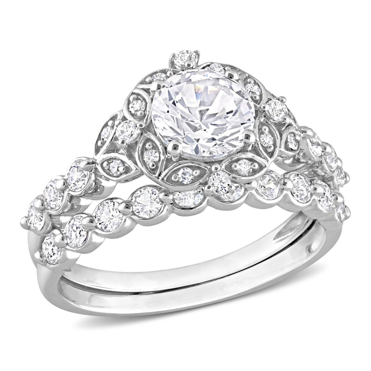 Lab Created Created White Sapphire and Diamond Accent Vintage Design Bridal Ring Set in 10k White Gold