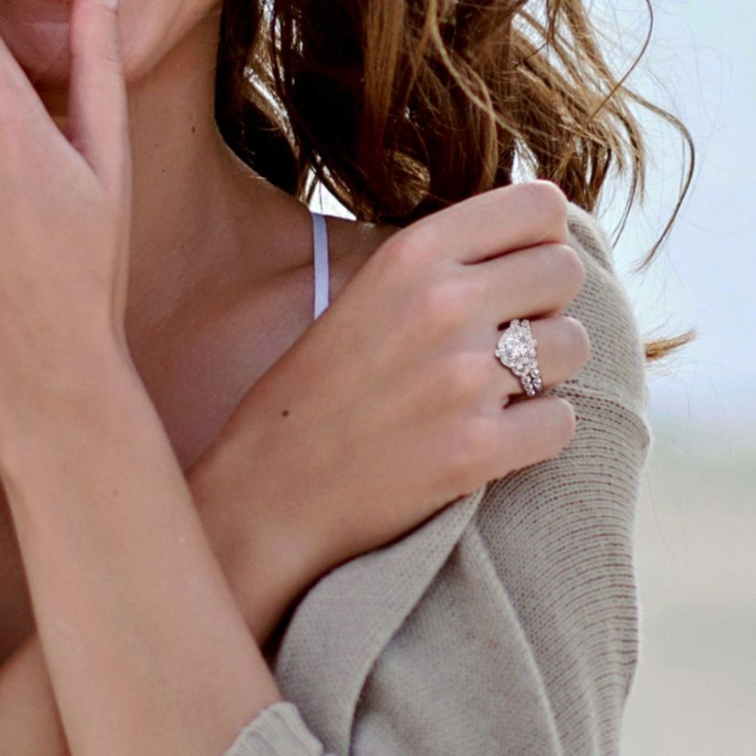 Lab Created Created White Sapphire and Diamond Accent Vintage Design Bridal Ring Set in 10k White Gold