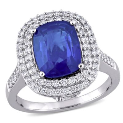 Belk & Co Cushion Blue Sapphire and 1 CT TW Diamond Halo Cocktail Ring in 14k White Gold